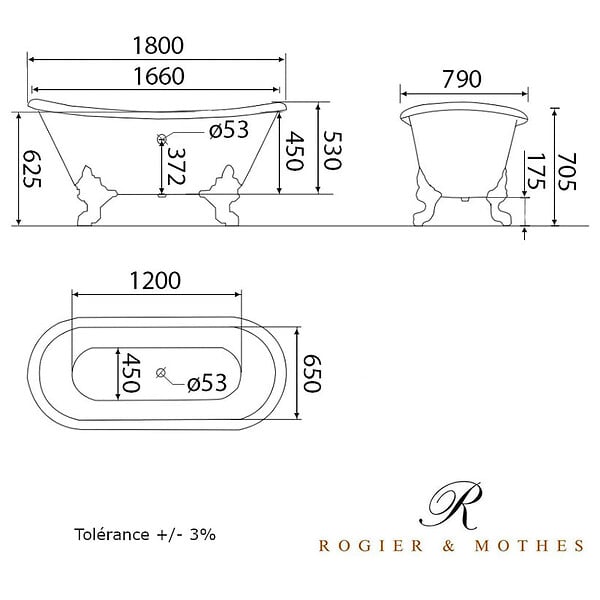 ROGIER & MOTHES - Baignoire sur pieds rétro en fonte BRADFORD Blanche 180 cm Pieds blancs - large