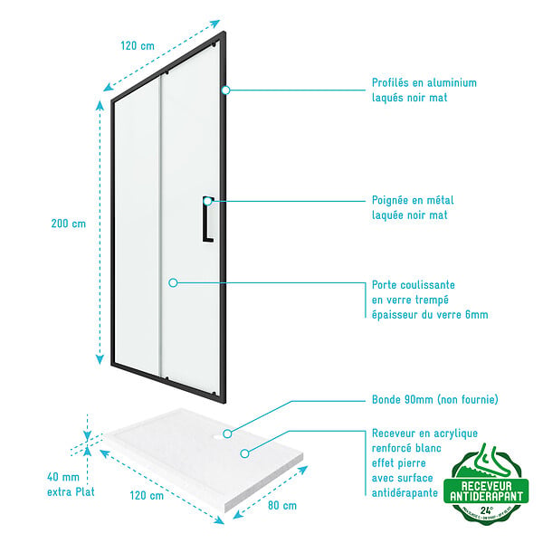 AURLANE - PACK PAROI PORTE DE DOUCHE + RECEVEUR A POSER - 120x80 COULISSANTE -CRUSH MOON 120x80 - large
