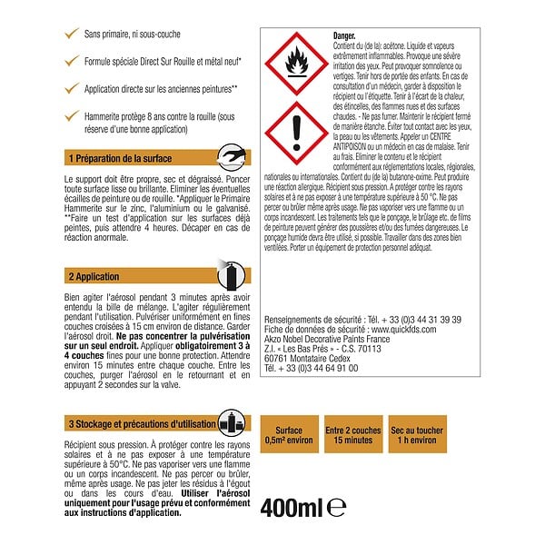 HAMMERITE - Peinture antirouille en aérosol - Direct sur Rouille - Rouge vif - 400ml - large