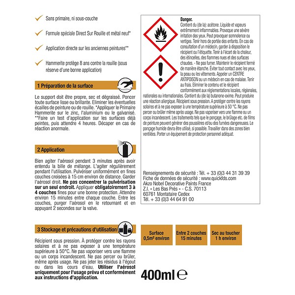 HAMMERITE - Peinture aerosol Direct sur Rouille -  Blanc - Brillant - 400ml - large