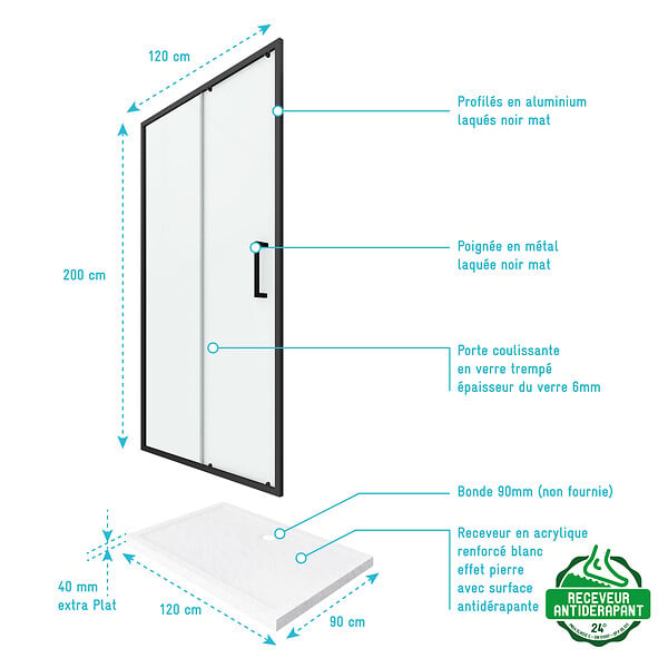 AURLANE - PACK PAROI PORTE DE DOUCHE + RECEVEUR A POSER - 120x90 COULISSANTE-CRUSH MOON 120x90 - large
