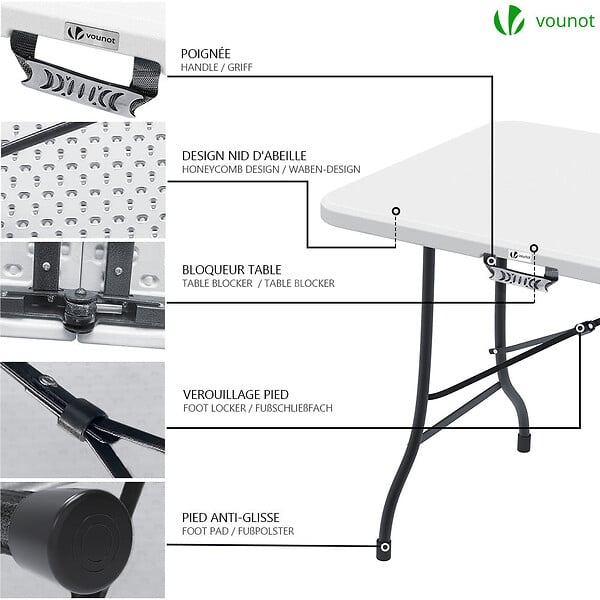 VOUNOT - Table de camping pique nique pliable 180cm HDPE blanc - large