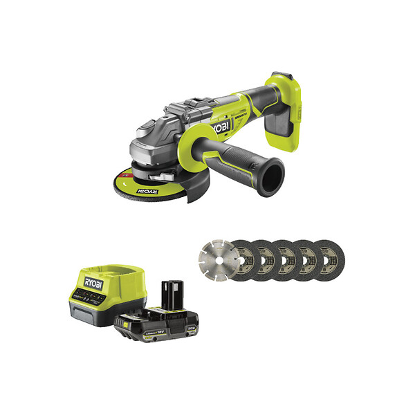 RYOBI - Pack RYOBI Meuleuse d'angle brushless R18AG7-0 - 18V One+ - 1 batterie 2.0Ah - 1 chargeur rapide RC18120-120 - Kit 6 disque 125 mm - large