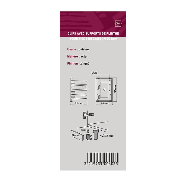BAR PLUS - Clips pied de cuisine avec support x2 pièces - large