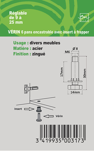 BAR PLUS - Blister 4 vérins de réglage blanc encastrable D.8mm - large