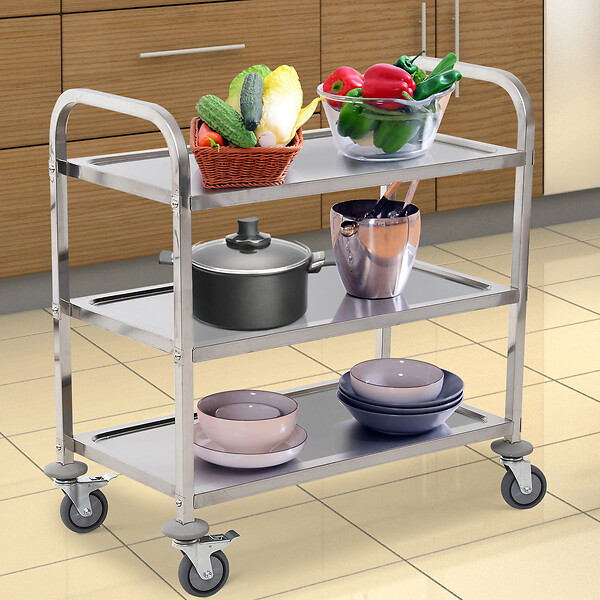 HOMCOM - HOMCOM Chariot de service desserte de cuisine à roulettes 3 étagères 85L x 45l x 90H cm acier inox. chromé - large