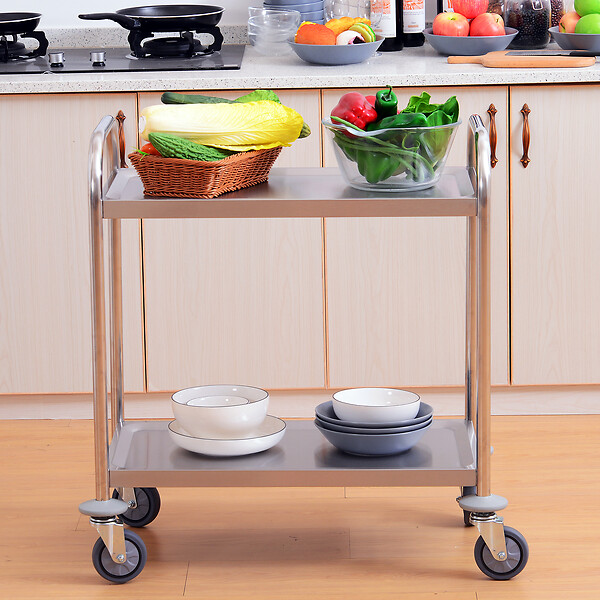 HOMCOM - HOMCOM Chariot de service desserte de cuisine à roulettes 2 étagères 71L x 41l x 81H cm acier inox. chromé - large