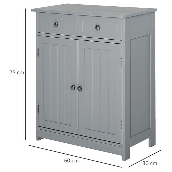 KLEANKIN - Meuble bas salle de bain - 2 portes, 2 tiroirs, étagère - poignées boutons métal - gris - large