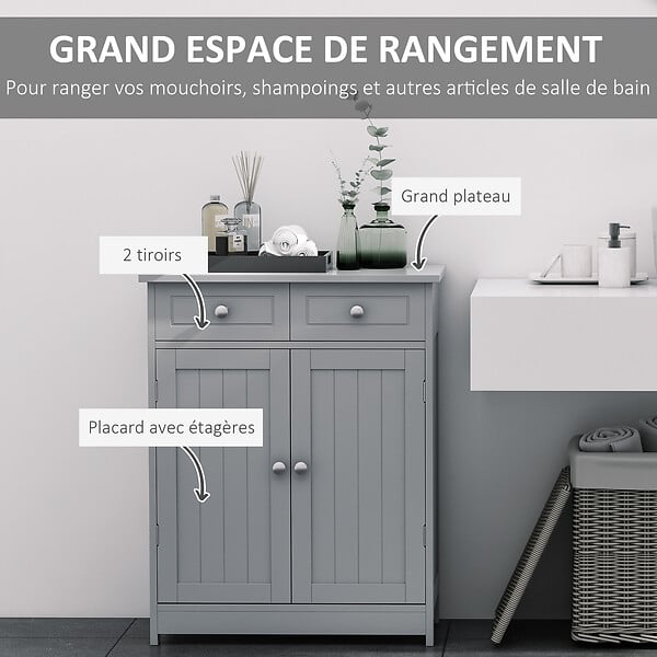 KLEANKIN - Meuble bas salle de bain - 2 portes, 2 tiroirs, étagère - poignées boutons métal - gris - large
