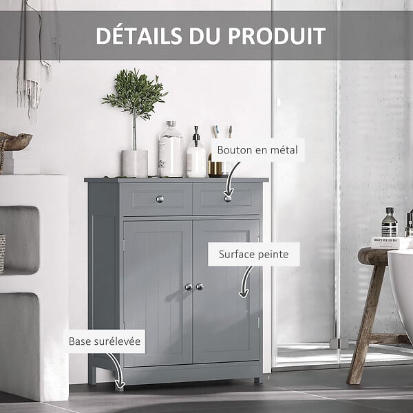KLEANKIN - Meuble bas salle de bain - 2 portes, 2 tiroirs, étagère - poignées boutons métal - gris - large