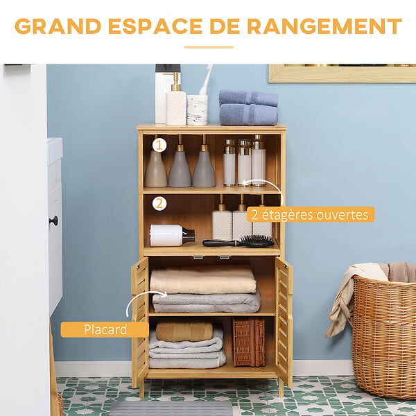 KLEANKIN - Meuble rangement bas salle de bain bambou style naturel 2 portes avec étagère 2 niches bambou - large