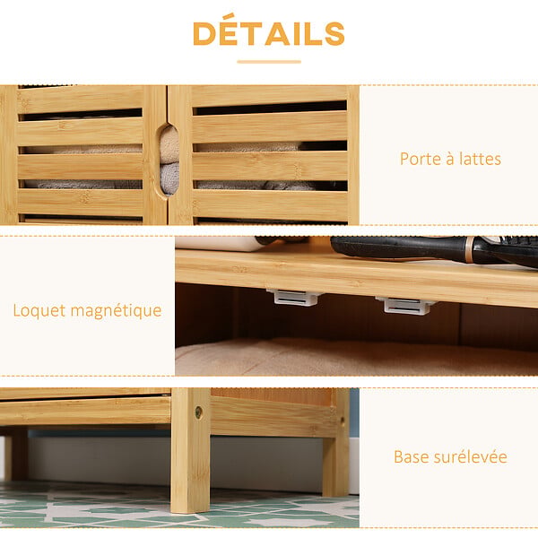 KLEANKIN - Meuble rangement bas salle de bain bambou style naturel 2 portes avec étagère 2 niches bambou - large