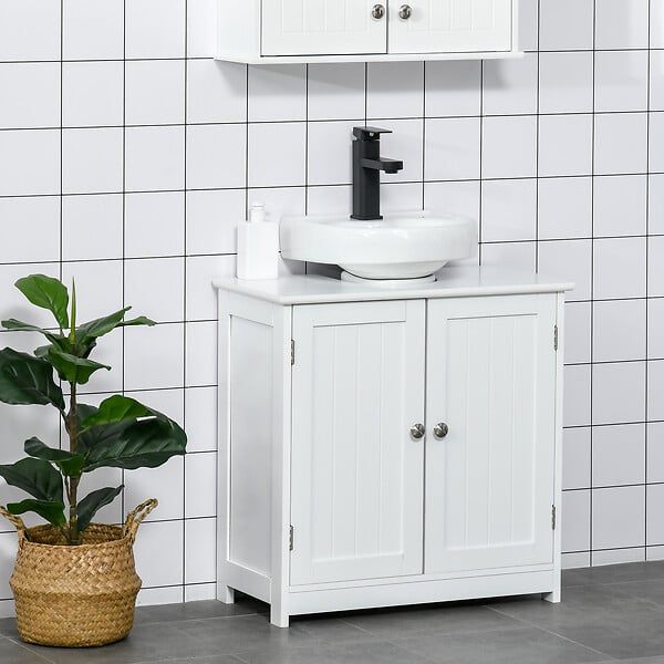 KLEANKIN - Meuble vasque - meuble sous-vasque - 2 portes rainurées avec étagère réglable - poignées métal chromé - dim. 60L x 30l x 60H cm - blanc - large