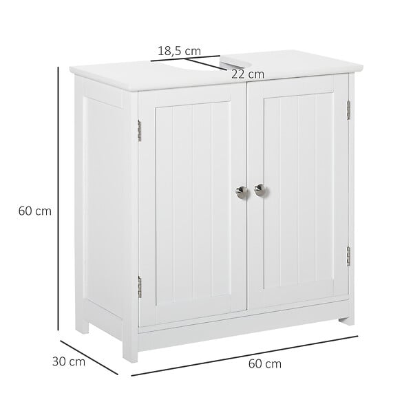 KLEANKIN - Meuble vasque - meuble sous-vasque - 2 portes rainurées avec étagère réglable - poignées métal chromé - dim. 60L x 30l x 60H cm - blanc - large