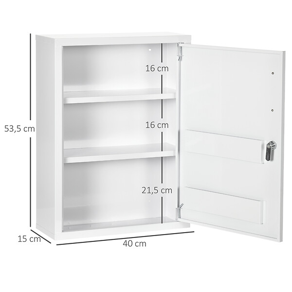 KLEANKIN - Armoire à pharmacie 2 étagères 3 niv. verrouillables dim. 40L x 15l x 53H cm 2 clés logo croix acier blanc - large