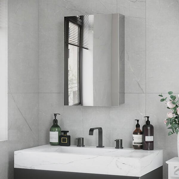 KLEANKIN - Armoire miroir murale salle de bain toilette dim. 39L x 12l x 60H cm acier inox. verre - large