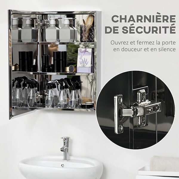 KLEANKIN - Armoire miroir murale salle de bain toilette dim. 39L x 12l x 60H cm acier inox. verre - large