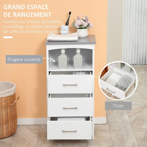 KLEANKIN - Meuble colonne salle de bain style contemporain - 3 tiroirs, niche - MDF blanc gris - large