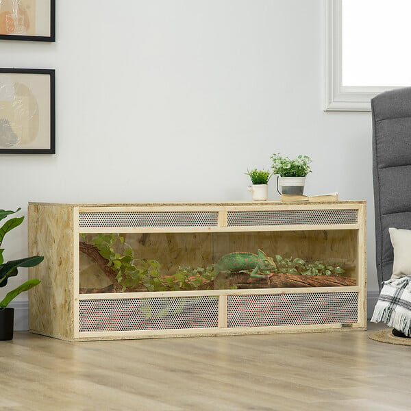 PAWHUT - Terrarium - vivarium reptiles & batraciens - 2 portes coulissantes verre trempé - parois frontales maillées - OSB métal - large