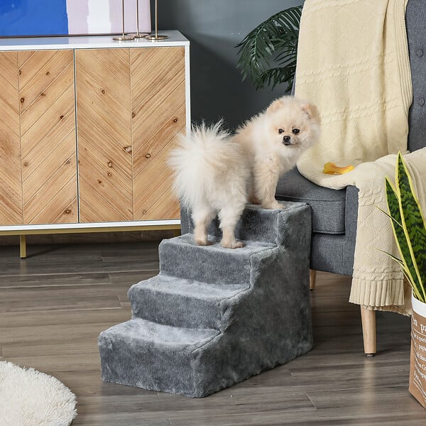 PAWHUT - Escalier pour chat - escalier pour chien - 4 marches - revêtement flanelle grande douceur haute densité - structure panneaux particules - gris - large