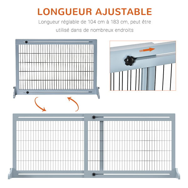 PAWHUT - Barrière de sécurité chien barrière autoportante longueur réglable dim. 104-183L x 36l x 69H cm bois pin gris acier noir - large