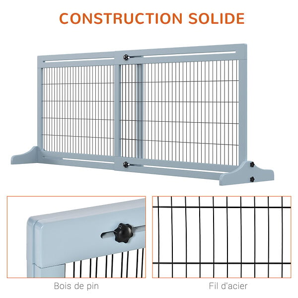 PAWHUT - Barrière de sécurité chien barrière autoportante longueur réglable dim. 104-183L x 36l x 69H cm bois pin gris acier noir - large