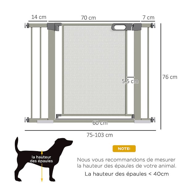 PAWHUT - Barrière de sécurité animaux - longueur réglable dim. 75-103 cm - porte double verrouillage, ouverture double sens -sans perçage - acier ABS gris - large