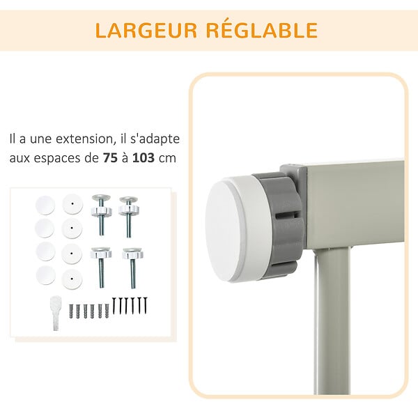 PAWHUT - Barrière de sécurité animaux - longueur réglable dim. 75-103 cm - porte double verrouillage, ouverture double sens -sans perçage - acier ABS gris - large