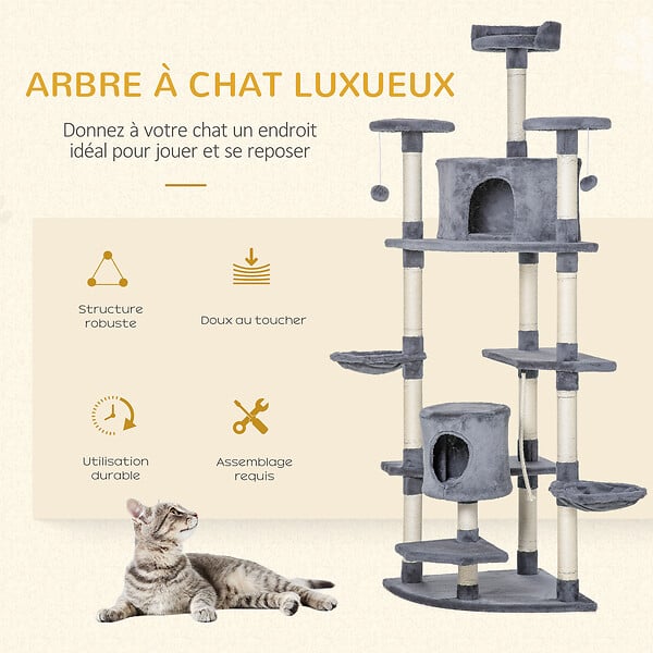 PAWHUT - Arbre à chat multi-équipement griffoirs 2 niches 2 hamacs plateformes boules suspendues corde peluche grise - large
