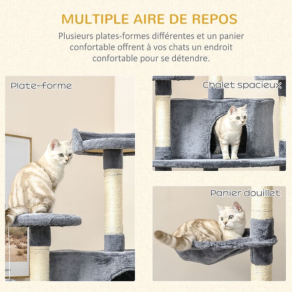 PAWHUT - Arbre à chat multi-équipement griffoirs 2 niches 2 hamacs plateformes boules suspendues corde peluche grise - large