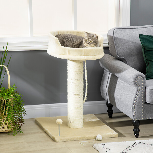PAWHUT - Arbre à chat griffoir grattoir sisal naturel plateforme d'observation corde d'escalade boule à ressort peluche beige - large