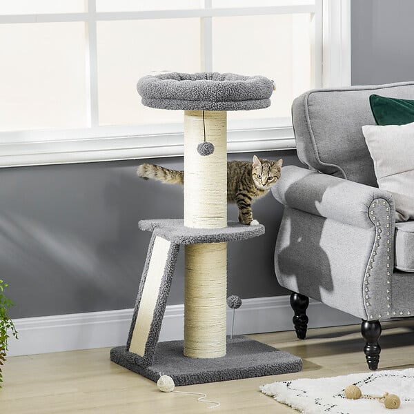 PAWHUT - Arbre à chat 3 griffoirs grattoirs sisal naturel plateforme panier 2 boules suspendues peluche haute densité 220 g/m² gris - large