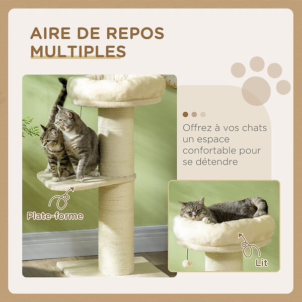 PAWHUT - Arbre à chat griffoir sisal naturel 2 plateforme panier observation jeu boule suspendue peluche beige - large