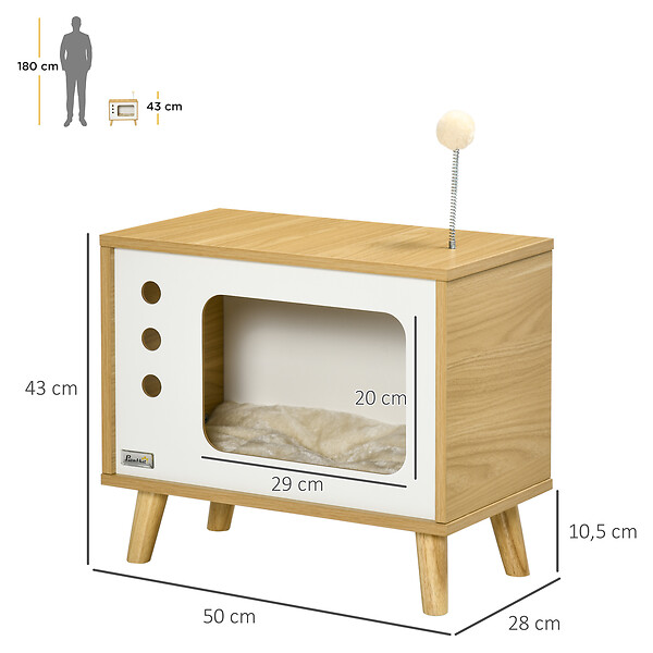 PAWHUT - Maison pour chat design poste de télévision - niche chat panier chat - coussin amovible, boule à ressort - aspect bois clair blanc - large