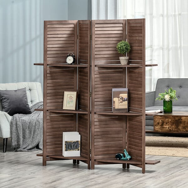 HOMCOM - Paravent intérieur 4 panneaux 3 étagères pliables séparateur de pièce portes persiennes bois de paulownia aspect acajou foncé - large