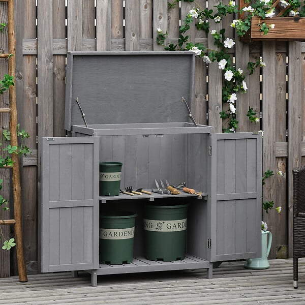OUTSUNNY - Armoire de jardin sur pied double porte étagère et toit bitumé relevable dim. 74L x 43l x 88H cm bois sapin gris - large