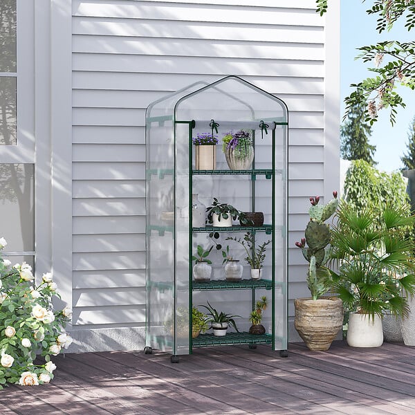 OUTSUNNY - Serre de jardin balcon sur roulettes 4 étagères dim. 0,69L x 0,5l x 1,65H m acier thermolaqué bâche PVC porte zippée transparente - large