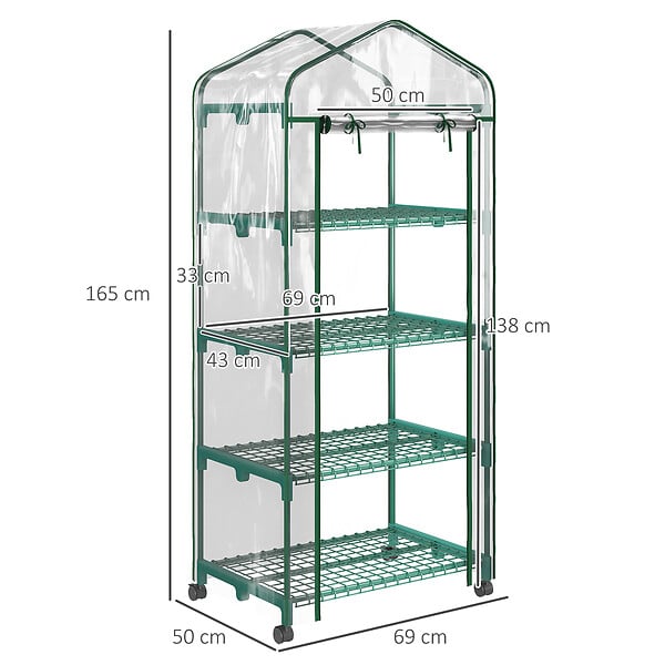 OUTSUNNY - Serre de jardin balcon sur roulettes 4 étagères dim. 0,69L x 0,5l x 1,65H m acier thermolaqué bâche PVC porte zippée transparente - large