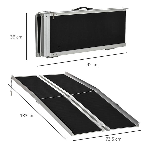 HOMCOM - Rampe de fauteuil roulant rampe de chargement rampe d'accès antidérapante pliable avec bordures de sécurité max. 270 Kg dim. 183L x 73,5l cm alu. noir - large