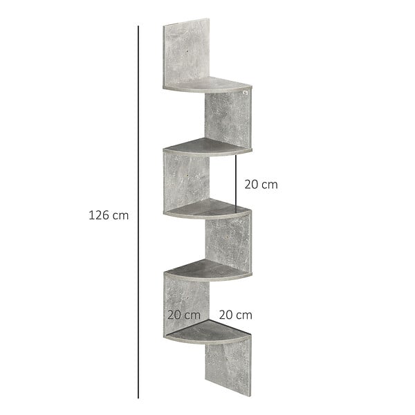 HOMCOM - Étagère d'angle étagère de rangement design contemporain zig zag 20L x 20l x 126H cm 5 niveaux panneaux de particules gris - large