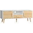 HOMCOM - Meuble TV bas sur pied style scandinave 2 portes niche tiroir piètement effilé incliné bois panneaux blanc aspect bois clair - vignette