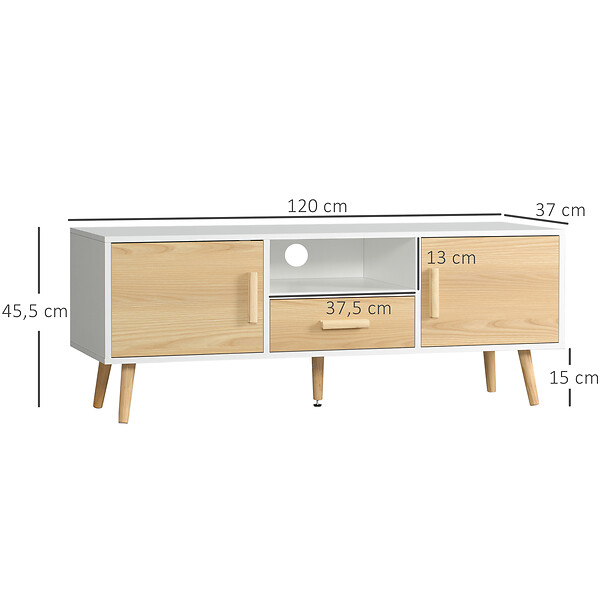 HOMCOM - Meuble TV bas sur pied style scandinave 2 portes niche tiroir piètement effilé incliné bois panneaux blanc aspect bois clair - large