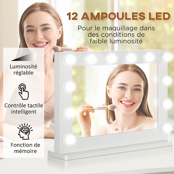 HOMCOM - Miroir maquillage Hollywood lumineux LED tactile - 12 LED, luminosité réglable, fonction mémoire - métal MDF blanc verre - large