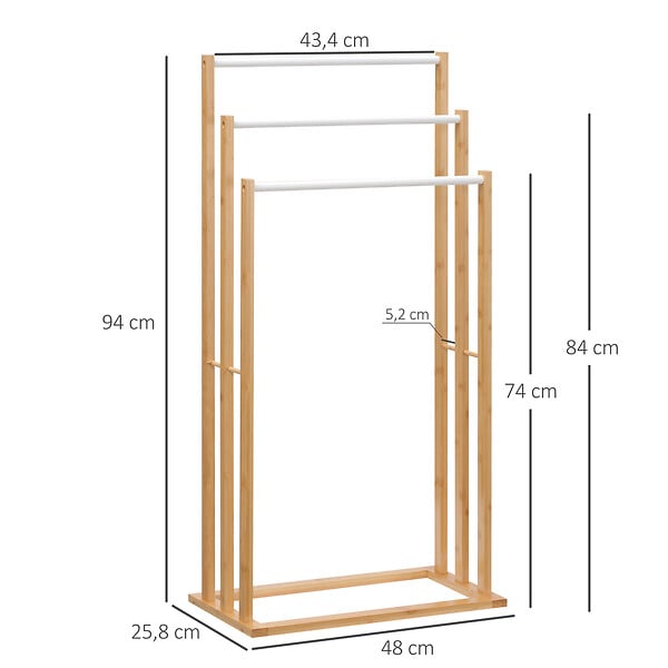 HOMCOM - Porte-serviette autoportant 3 barres - dim. 48L x 25l x 94H cm - bois bambou acier blanc - large