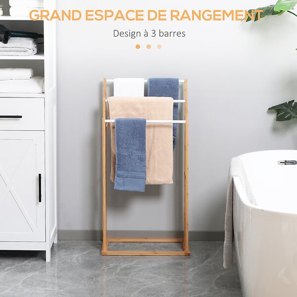 HOMCOM - Porte-serviette autoportant 3 barres - dim. 48L x 25l x 94H cm - bois bambou acier blanc - large