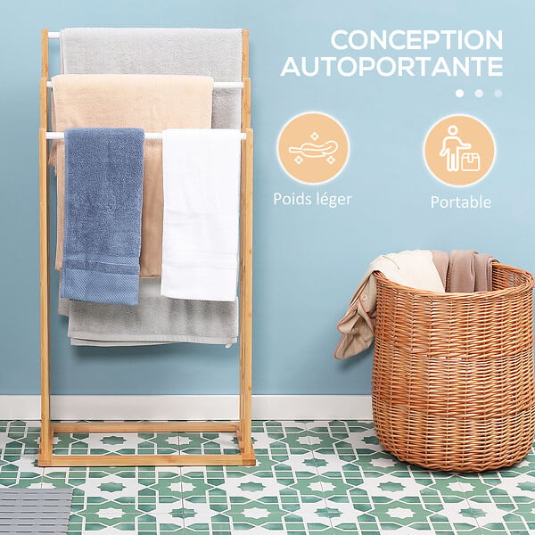 HOMCOM - Porte-serviette autoportant 3 barres - dim. 48L x 25l x 94H cm - bois bambou acier blanc - large