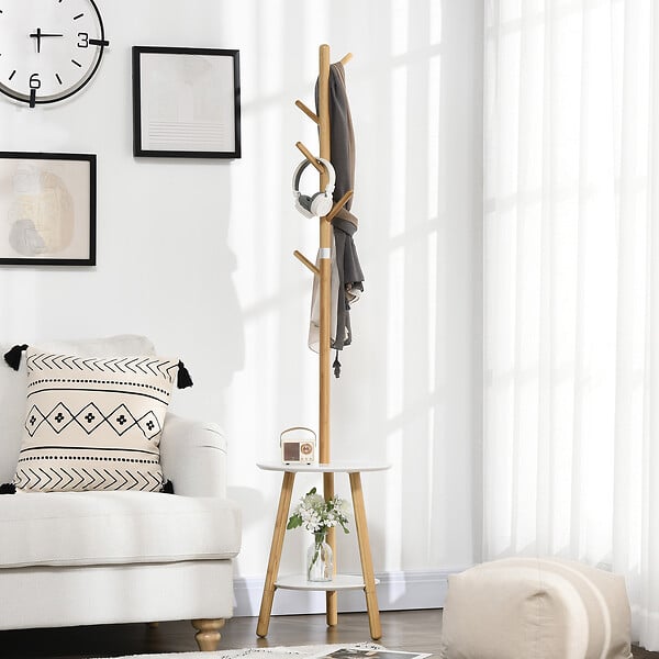 HOMCOM - Porte-manteau design scandinave branches 5 patères 2 étagères MDF blanc bois bambou verni - large