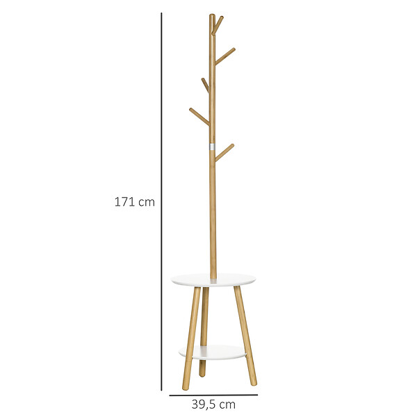 HOMCOM - Porte-manteau design scandinave branches 5 patères 2 étagères MDF blanc bois bambou verni - large