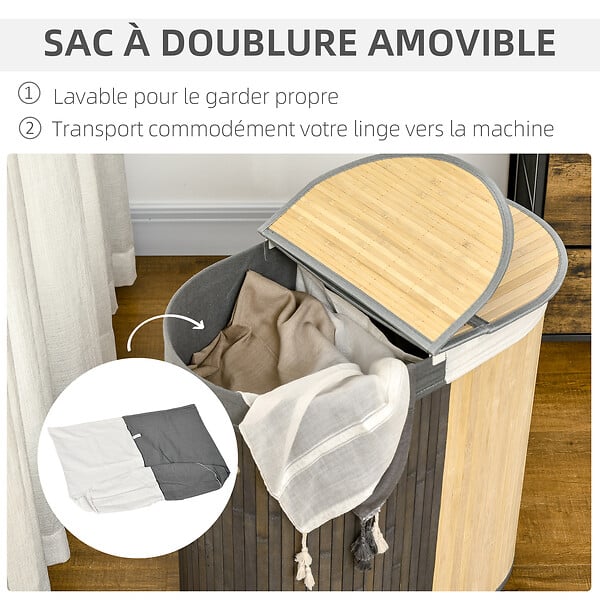 HOMCOM - Panier à linge corbeille à linge bac à linge 100 L 2 compartiments couvercle sac amovible 2 poignées tissu bambou - large