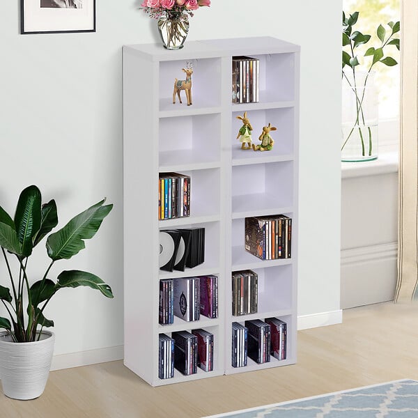 HOMCOM - Lot de 2 étagères colonnes armoire de rangement CD-DVD 6 + 6 compartiments dim. 21L x 19l x 88H cm capacité max. 204 CD blanc - large